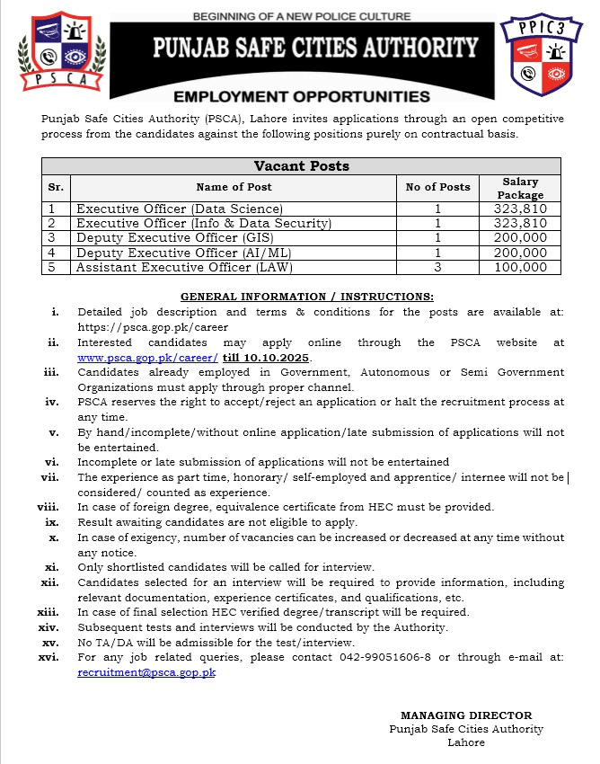 PSCA Jobs 2025 Advertisement