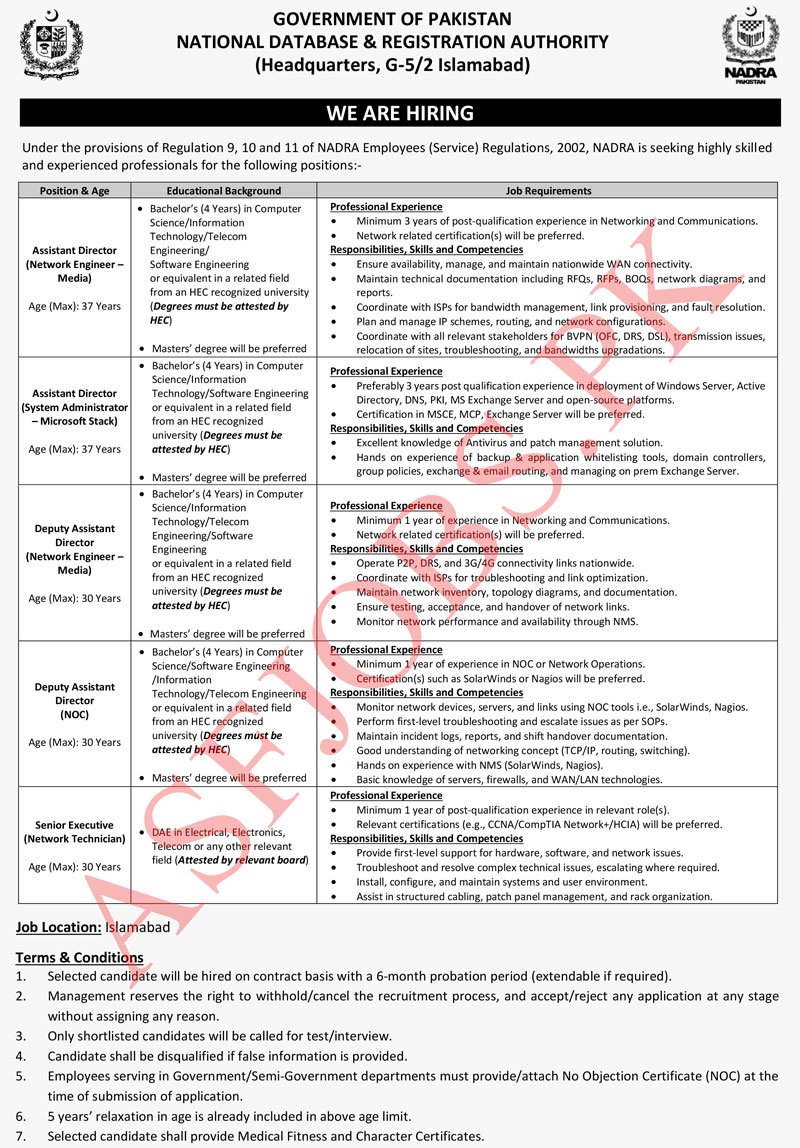 NADRA Islamabad Jobs 2026 Advertisement